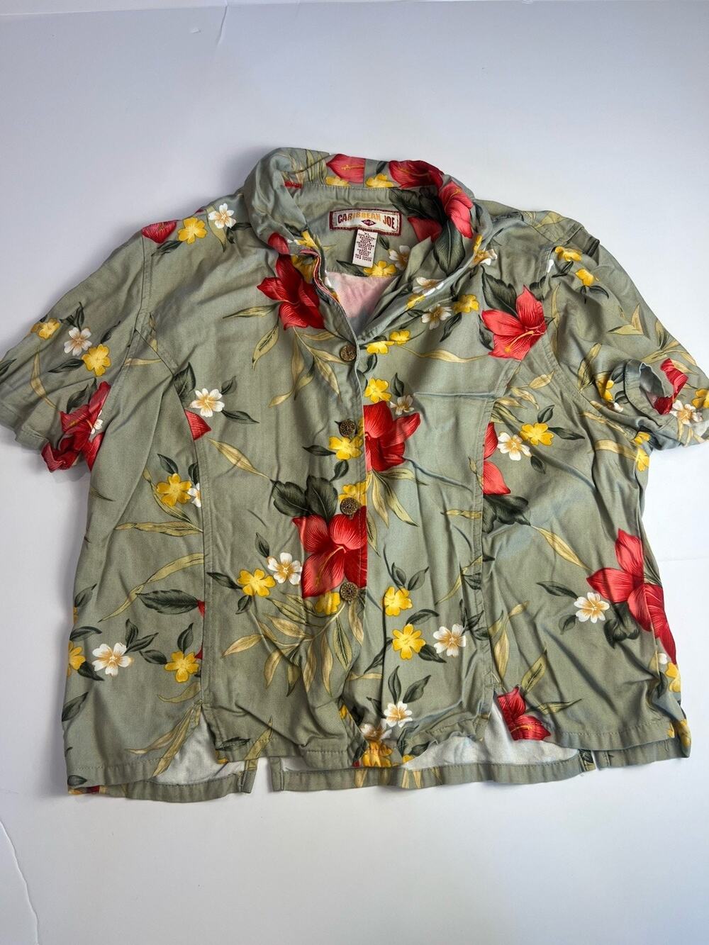 Caribbean Joe Shirt Women's XL Black Tropical Hibiscus Hawaiian Allover Print
